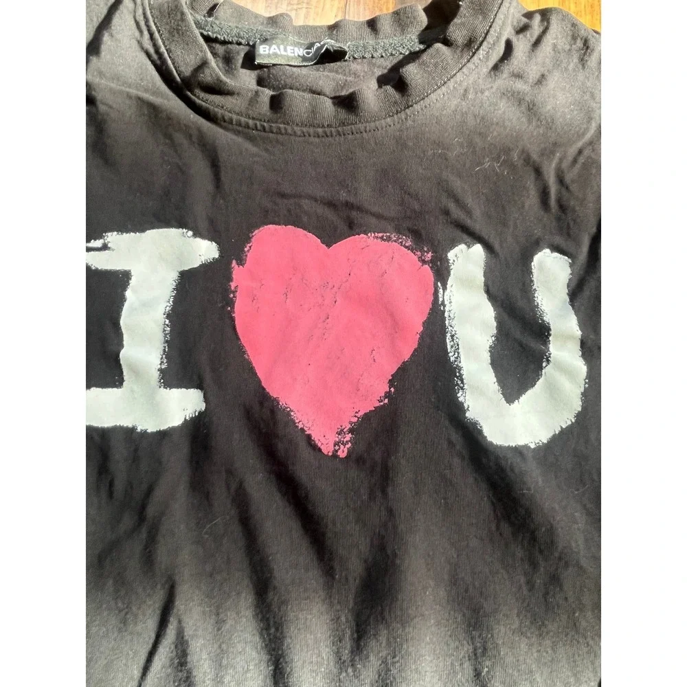 Balenciaga I Love U Graphic T-Shirt Black Cotton Short Sleeve Tee - Picture 2 of 5